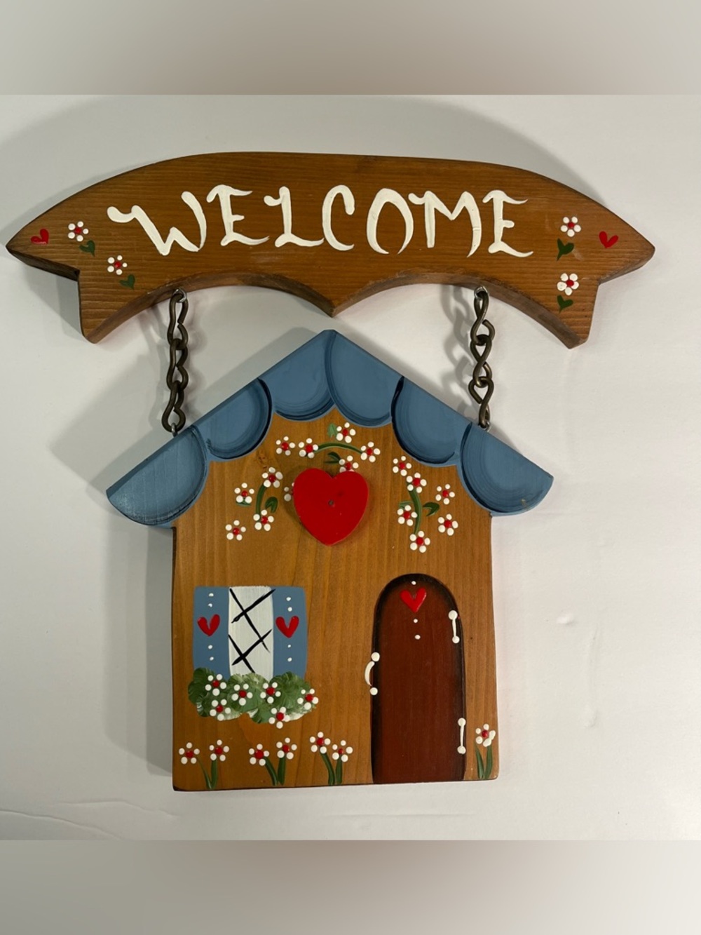 Vintage Wood Welcome Sign Handpainted Cottage Core Farmhouse Folk Art Rustic